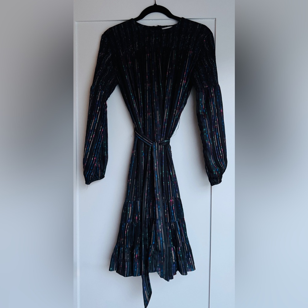 Porter Teen Girls Size 16 Black Colorful Stripe Belted Long Sleeve Midi Dress
